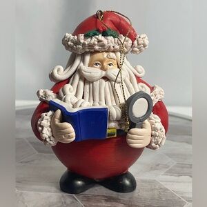 Vintage Santa Claus Figurine Ornament Reading Book w/ Magnifying Glass 4.5”